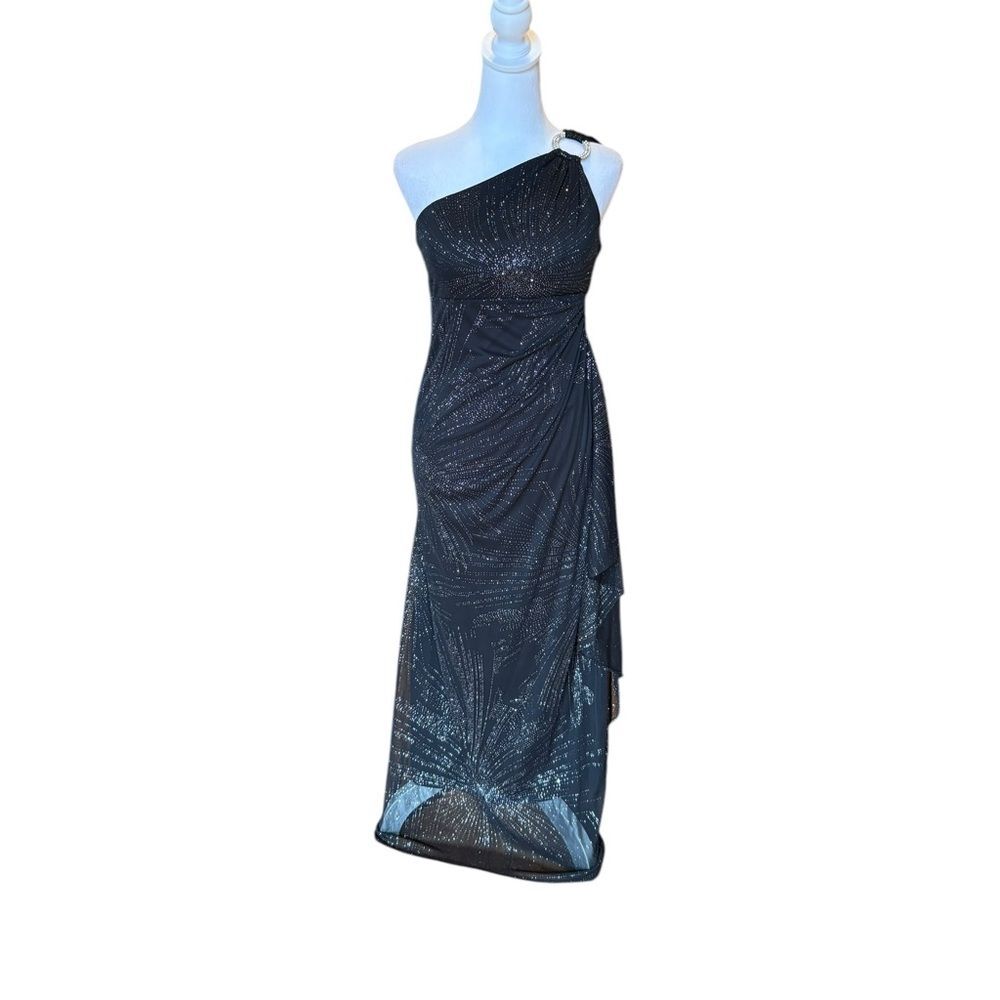 R&M Richards Vintage Maxi Dress One Shoulder Draped Black Silver Sparkle Size 4P